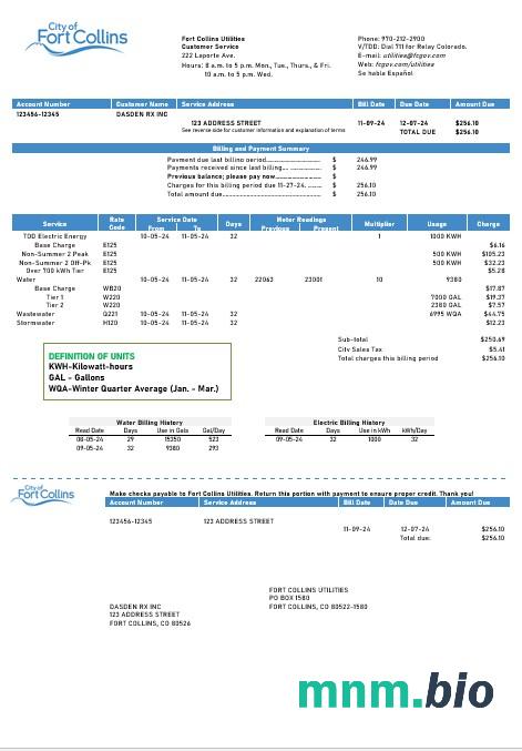 USA Colorado Fort Collins Utilities rachunek za usługi komunalne szablon w formacie Word i PDF